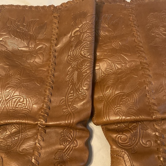 Vintage Bronx Y2K Knee High Boots Stack Heel Tan Tooled Leather Western Cowboy - Picture 8 of 10